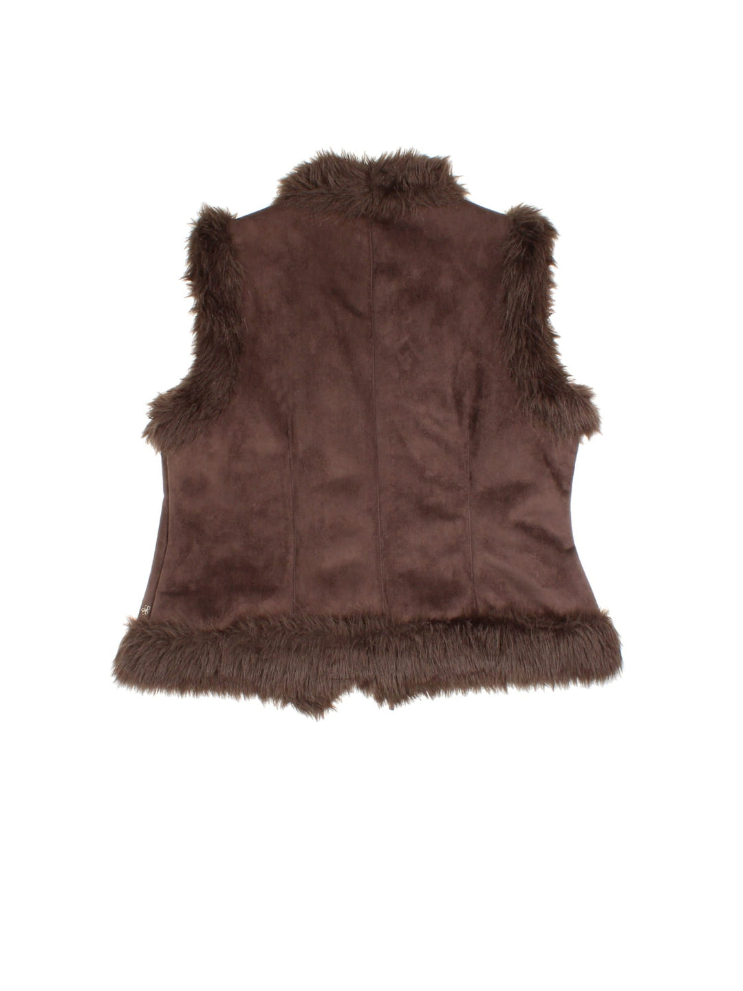 Y2K Floral Faux Fur Vest in a brown colourway. Ribbon closure, has side pockets, faux fur lining, and has floral patterns embroidered on the front.