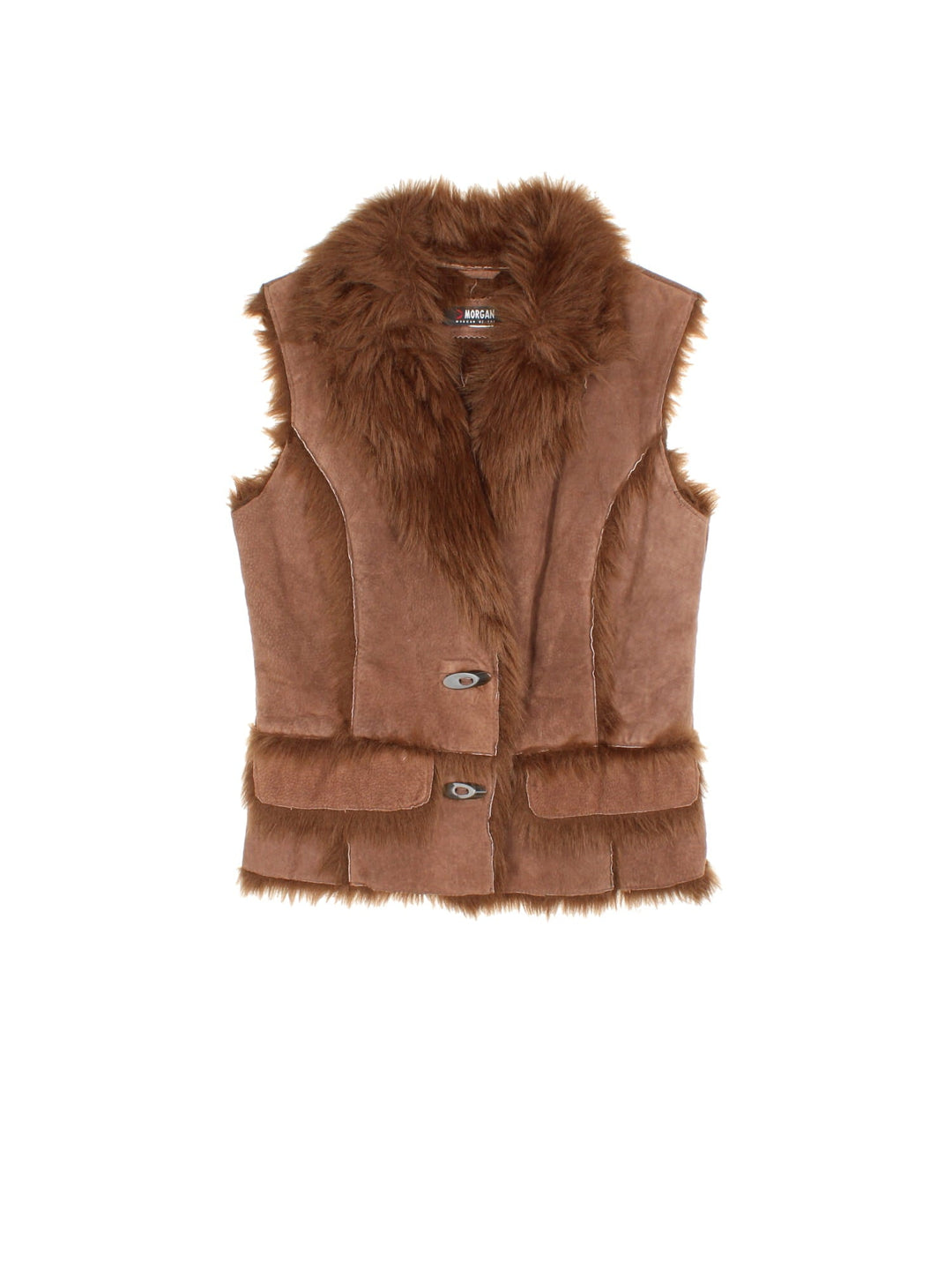 Vintage Y2K Morgan De Toi Faux Fur Gilet in a brown colourway. Buttons up, faux fur lining, and has a big collar.