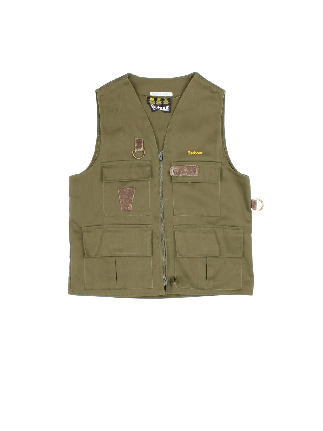 Vintage Barbour Fishing Utility Vest in a green colourway. Zips up and has multiple pockets, and the logo embroidered on the front.