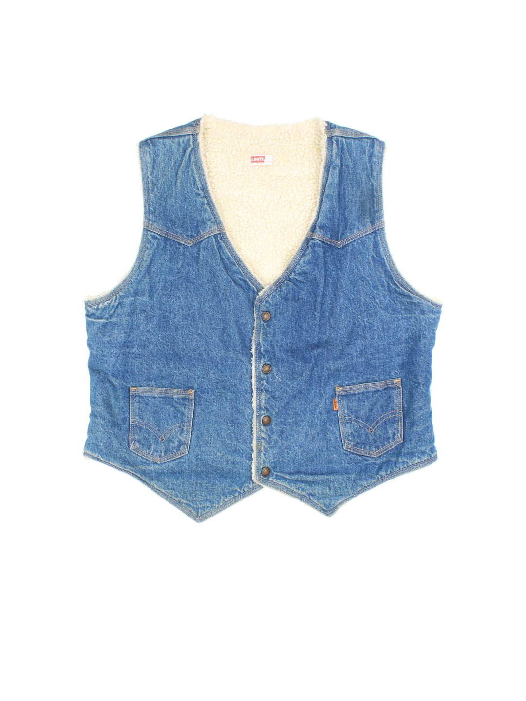 Vintage Levi Strauss Denim Vest in a blue colourway. Buttons up and has side pockets, insulated with a sherpa lining, and has the orange logo tab embroidered on the front.