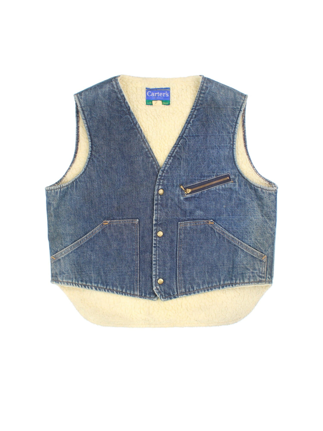 Vintage Carter's Denim Vest in a blue colourway. Buttons up and has multiple pockets, and is insulated with a sherpa lining.