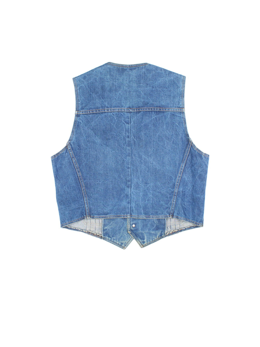 Vintage Wrangler Western Denim Vest in a blue colourway. Buttons up and has side pockets, and the logo tab embroidered on the front.