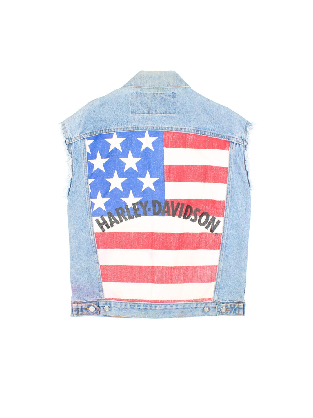 Vintage 90's Harley-Davidson USA Denim Vest in a blue colourway. Buttons up and has double chest pockets, loose stitching design round the sleeve cuffs, and has the spell out logo on the back with the USA Flag.