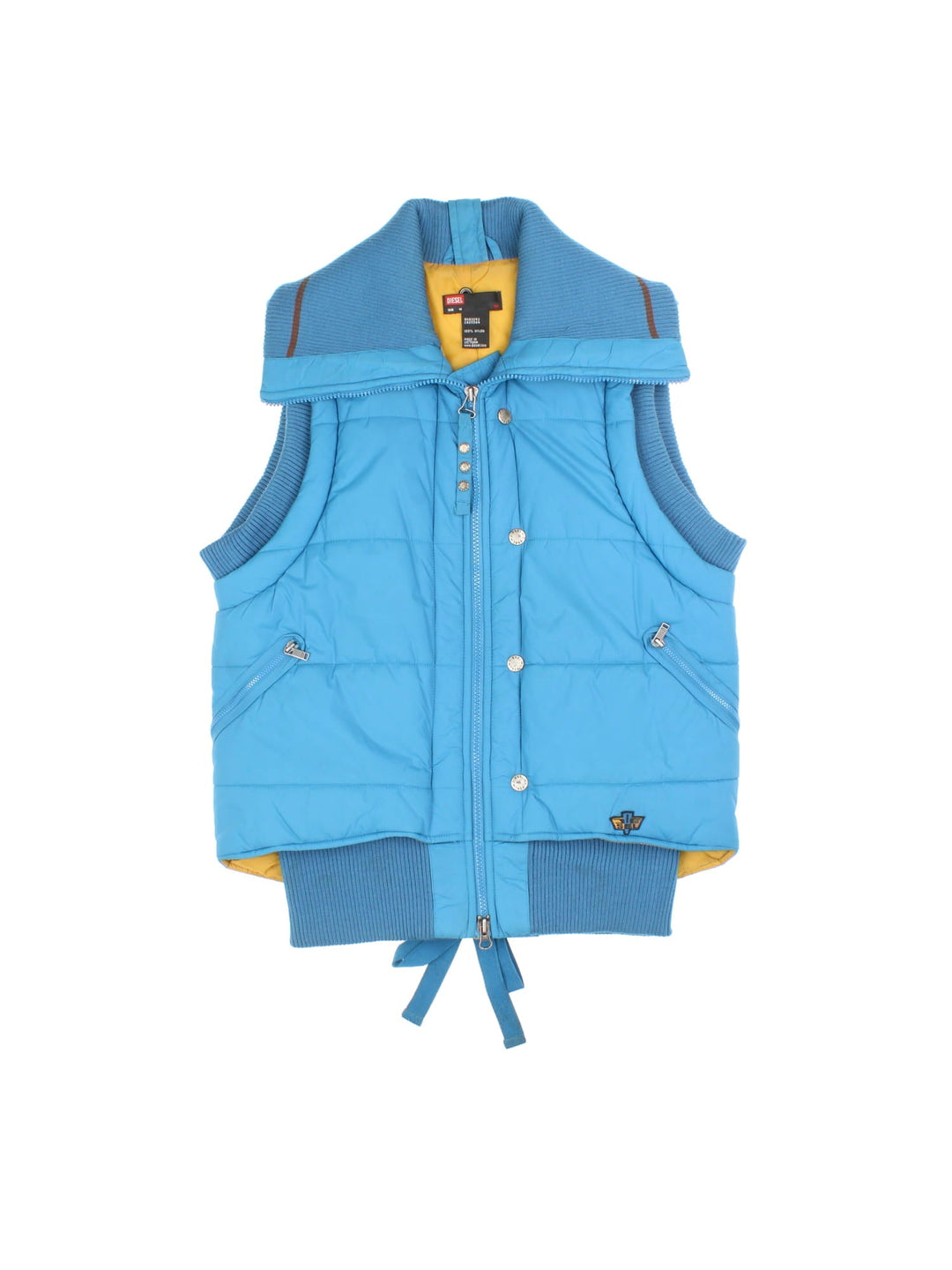 Vintage Y2K Diesel Gilet in a blue colourway. Zips up and has side pockets, insulated lining, big collar, and has the logo embroidered on the front.