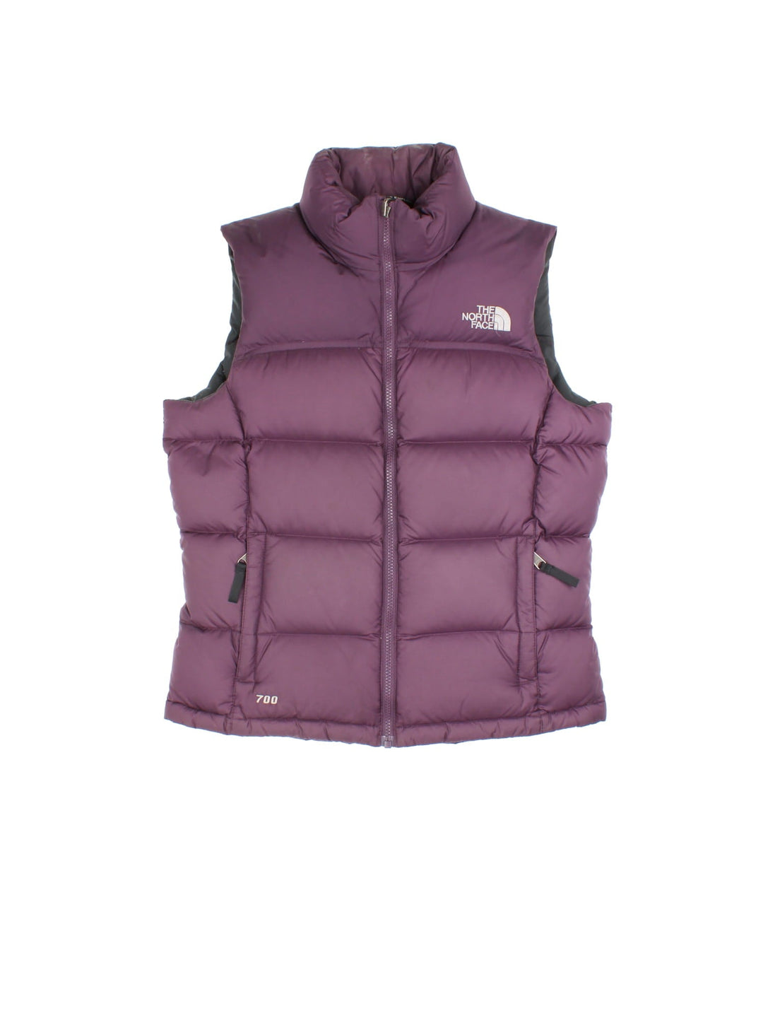 The North Face Down Puffer Gilet in a purple colourway. Zips up and has side pockets, insulated lining, and has the logo embroidered on the front and back.