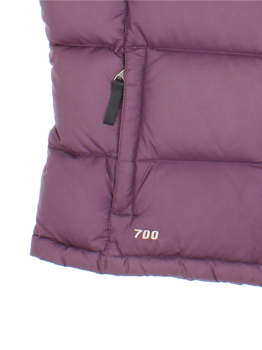 The North Face Down Puffer Gilet in a purple colourway. Zips up and has side pockets, insulated lining, and has the logo embroidered on the front and back.