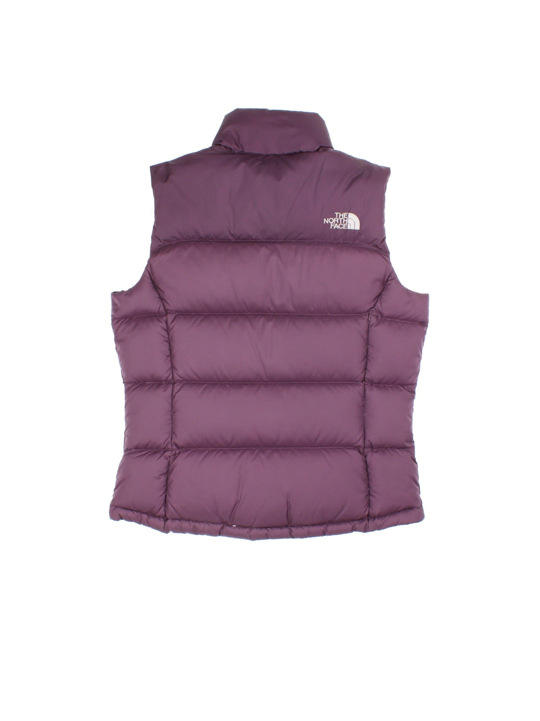 The North Face Down Puffer Gilet in a purple colourway. Zips up and has side pockets, insulated lining, and has the logo embroidered on the front and back.