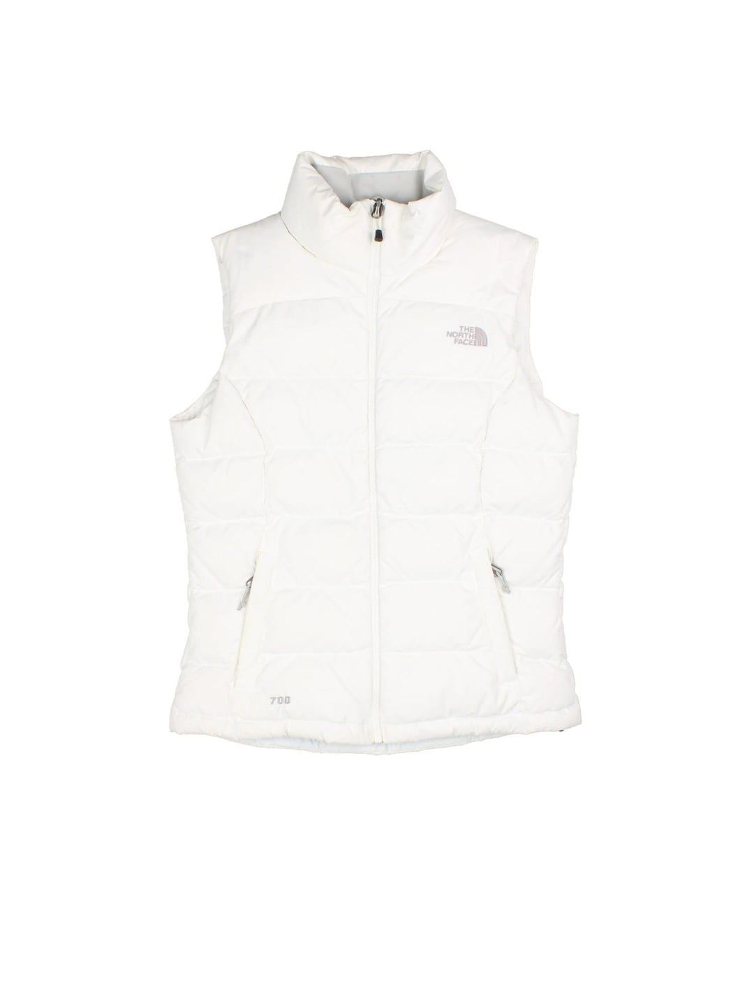 The North Face Down Puffer Gilet in a white colourway. Zips up and has side pockets, insulated lining, and has the logo embroidered on the front and back.