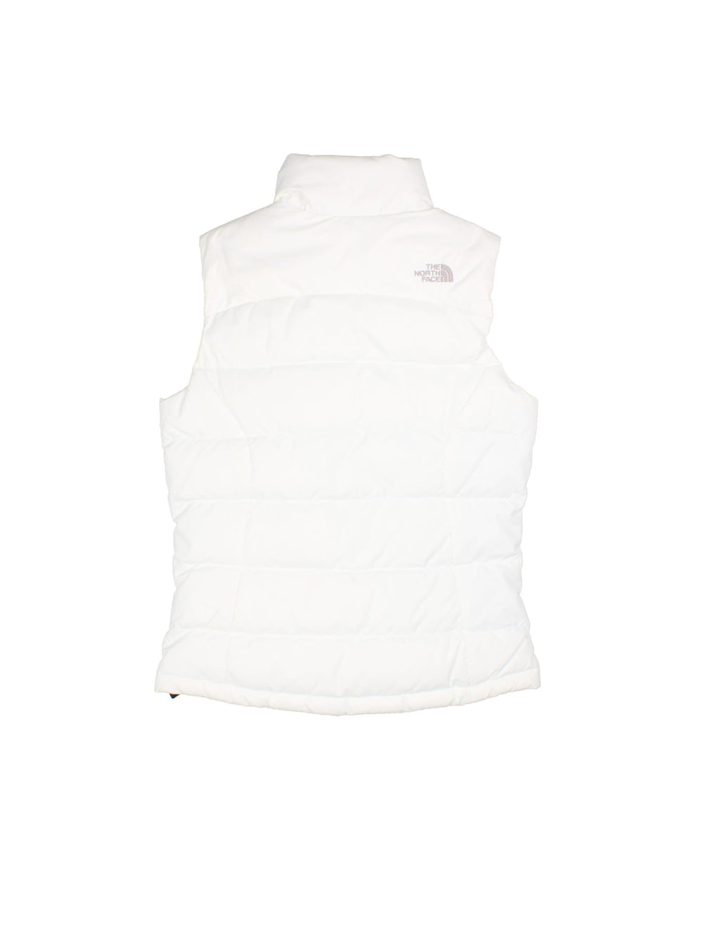 The North Face Down Puffer Gilet in a white colourway. Zips up and has side pockets, insulated lining, and has the logo embroidered on the front and back.