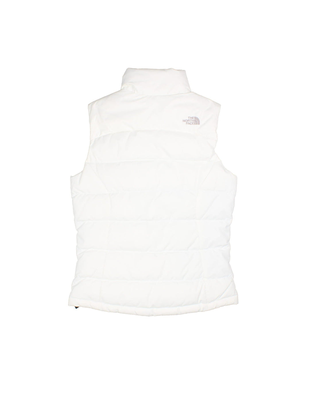 The North Face Down Puffer Gilet in a white colourway. Zips up and has side pockets, insulated lining, and has the logo embroidered on the front and back.