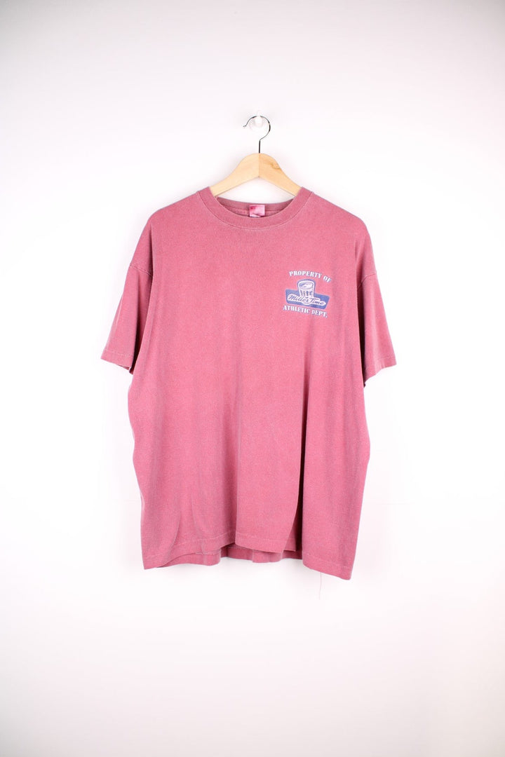 Vintage Miller Lite Beer Athletic Department T-Shirt in a faded pink colourway with the logo and graphic printed on front.