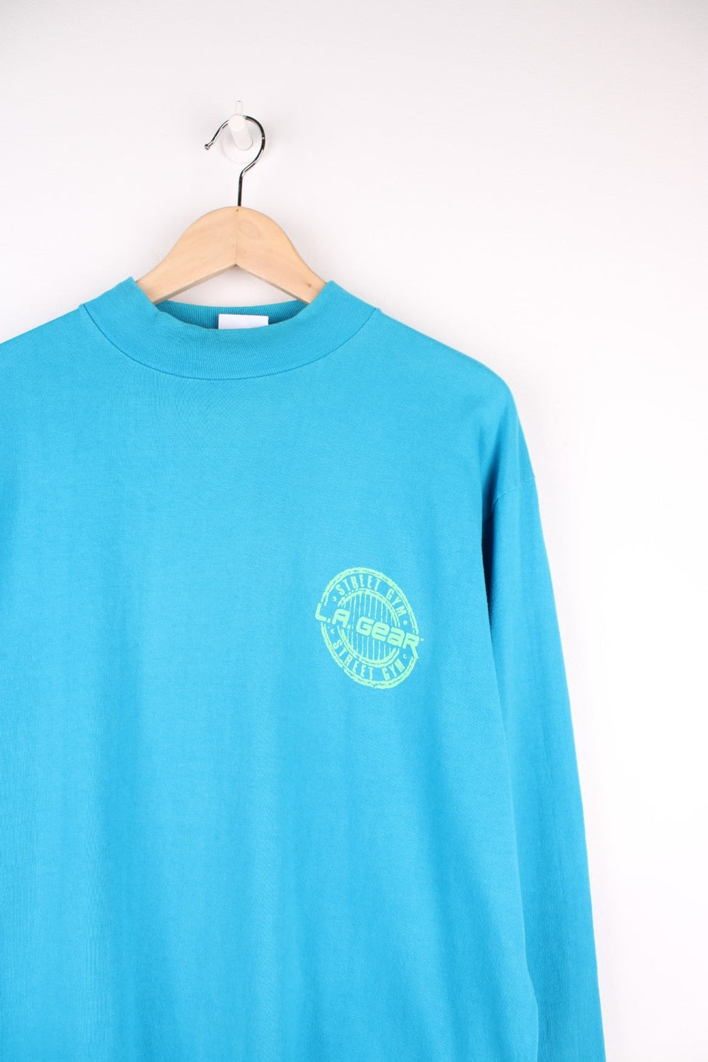 Vintage L.A. Gear Street Gym Longsleeve T-Shirt in a blue and green colourway with the logo puff printed on the front and back.  