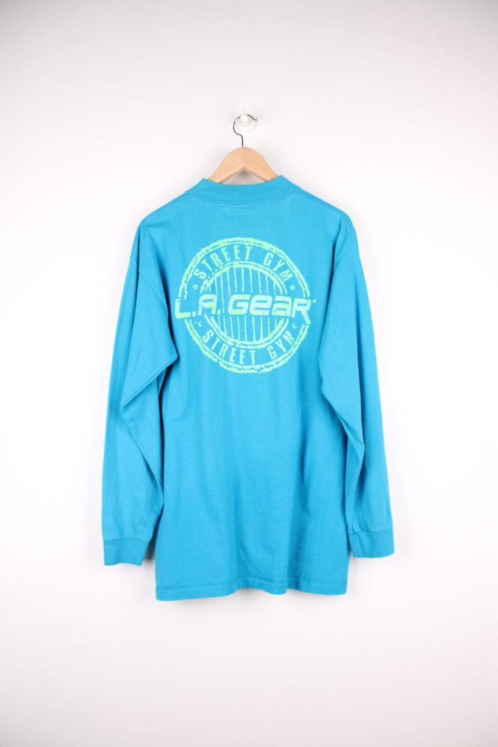 Vintage L.A. Gear Street Gym Longsleeve T-Shirt in a blue and green colourway with the logo puff printed on the front and back.  