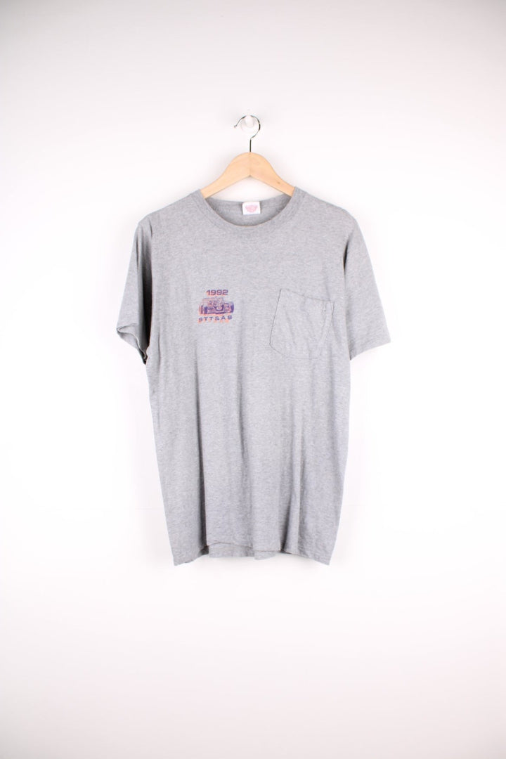 Vintage 1992 STT & AS Nascar Racing T-Shirt in a grey colourway with the logo and car printed on the front and back, also has a chest pocket.  