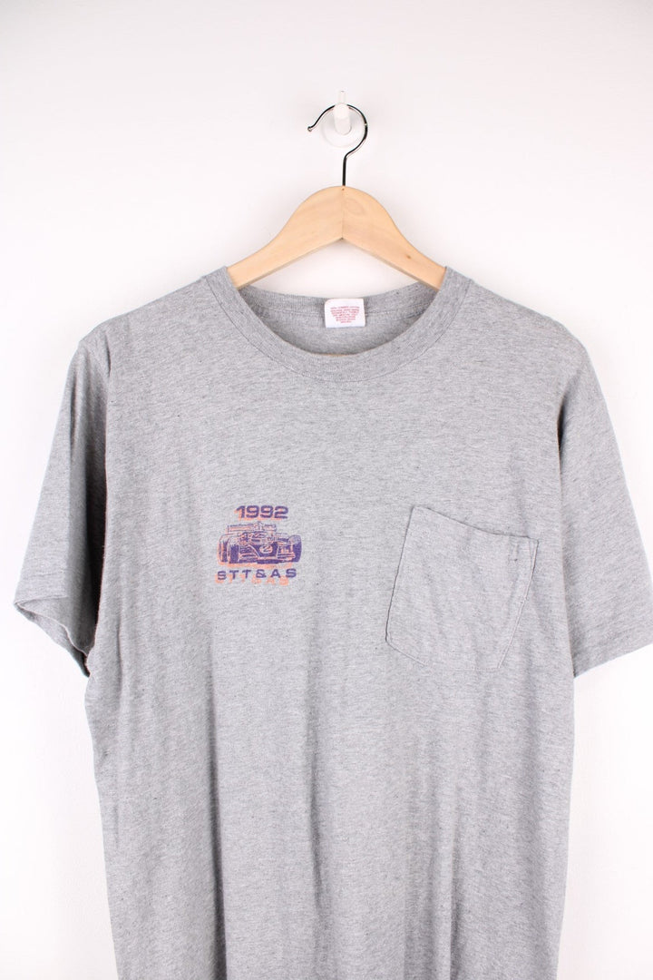 Vintage 1992 STT & AS Nascar Racing T-Shirt in a grey colourway with the logo and car printed on the front and back, also has a chest pocket.  