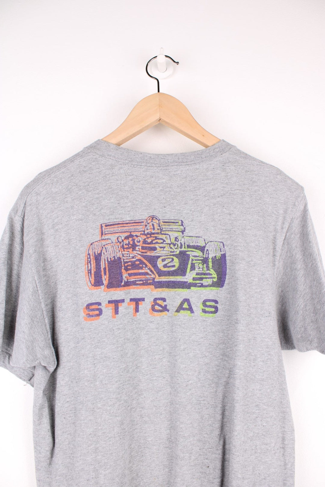 Vintage 1992 STT & AS Nascar Racing T-Shirt in a grey colourway with the logo and car printed on the front and back, also has a chest pocket.  