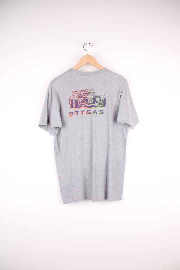 Vintage 1992 STT & AS Nascar Racing T-Shirt in a grey colourway with the logo and car printed on the front and back, also has a chest pocket.  