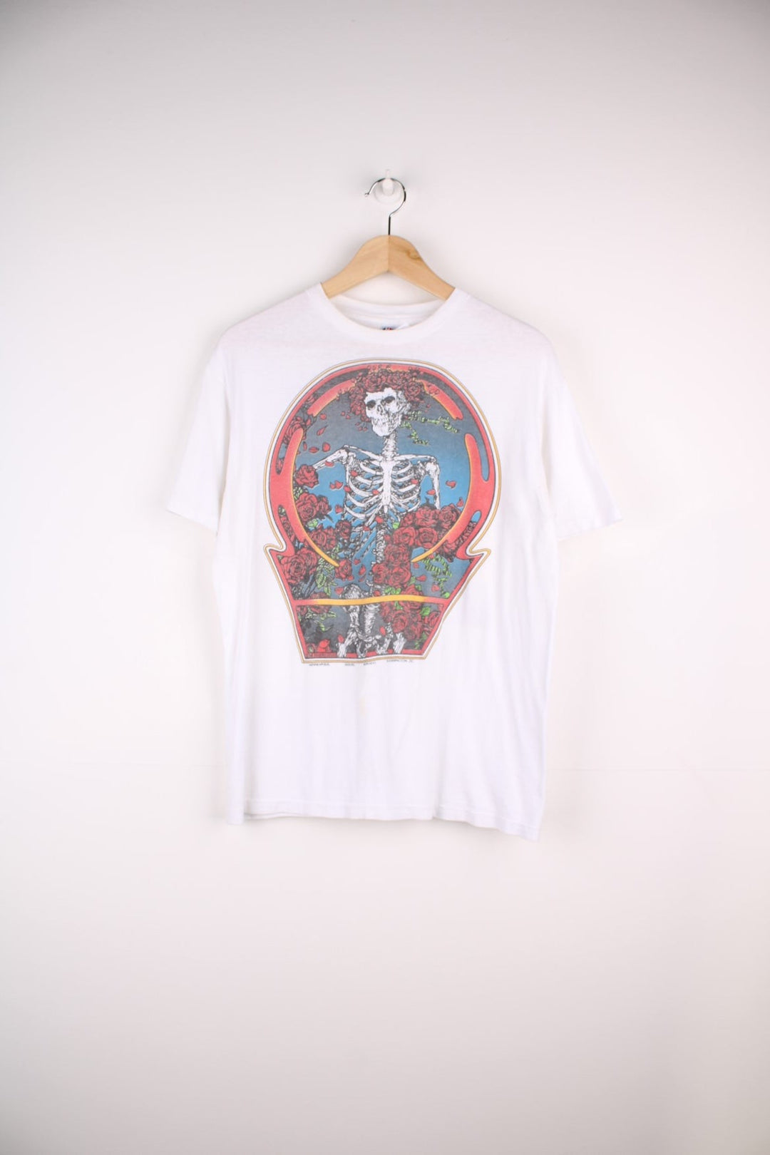 Vintage Bootleg Grateful Dead, Bob Dylan & Tom Petty Misprint Tour T-Shirt in a white colourway with The Grateful Dead print on the front and Bob Dylan & Tom Petty Tour graphic printed on the back.