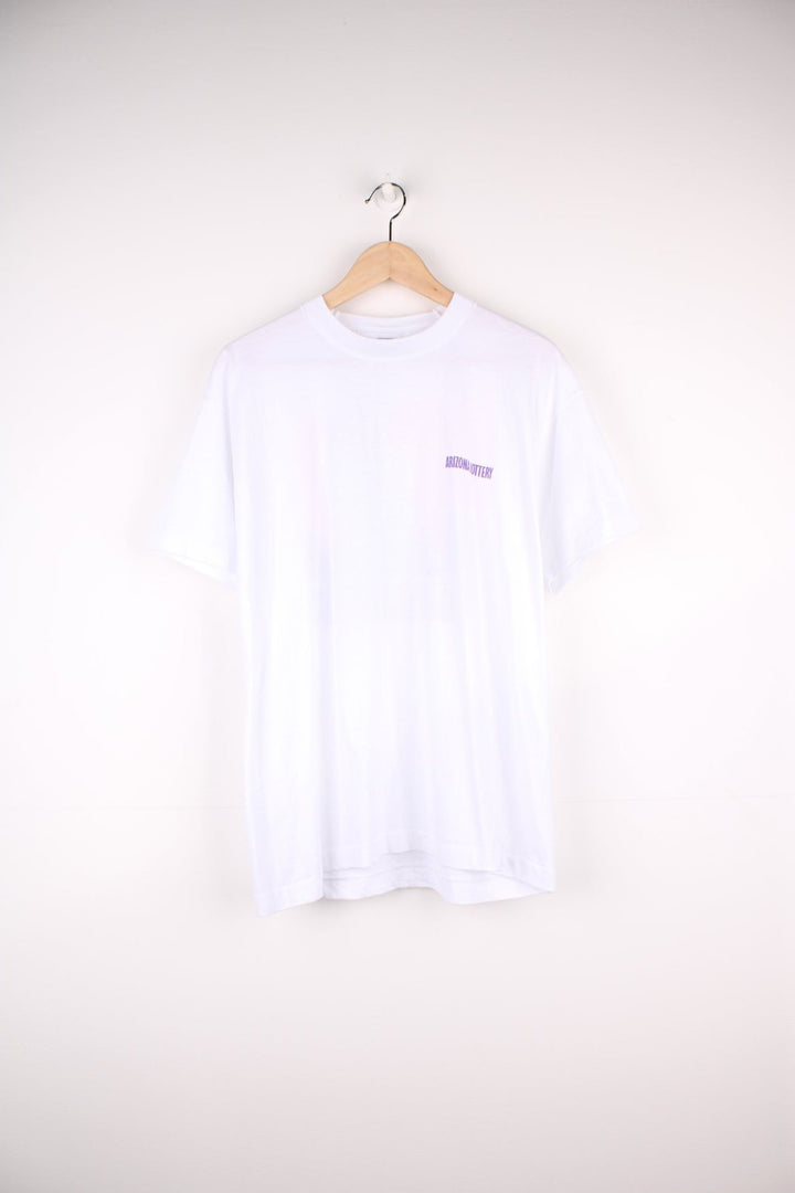 Vintage Arizona Lottery Desert Graphic T-Shirt in a white colourway with the spell out logo printed on the front and desert graphic on the back, single stitch t-shirt on a fruit of the loom best tag.