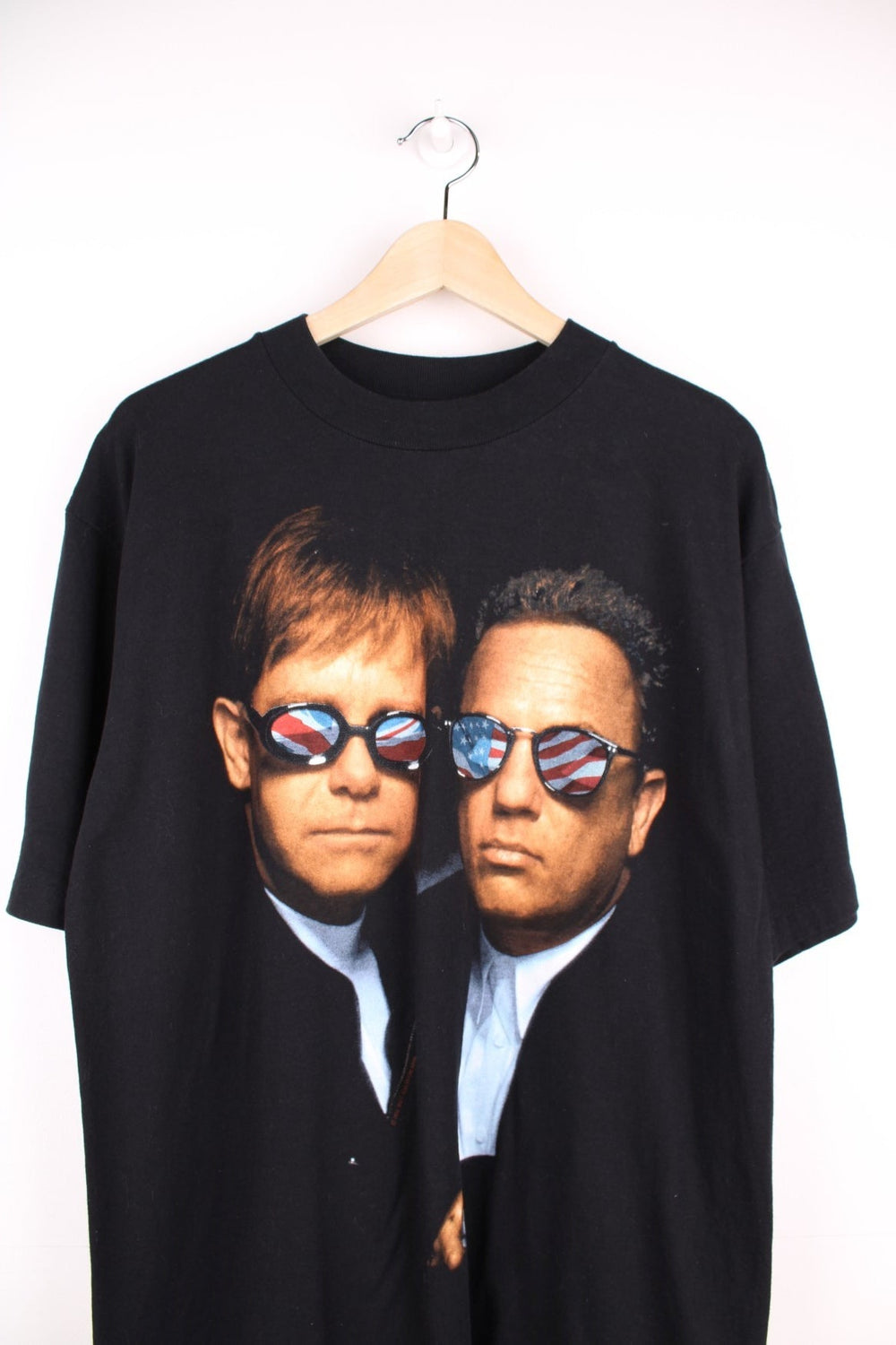 Vintage 1994 Billy Joel & Elton John Face to Face T-Shirt in a black colourway with the artists printed on the front. 