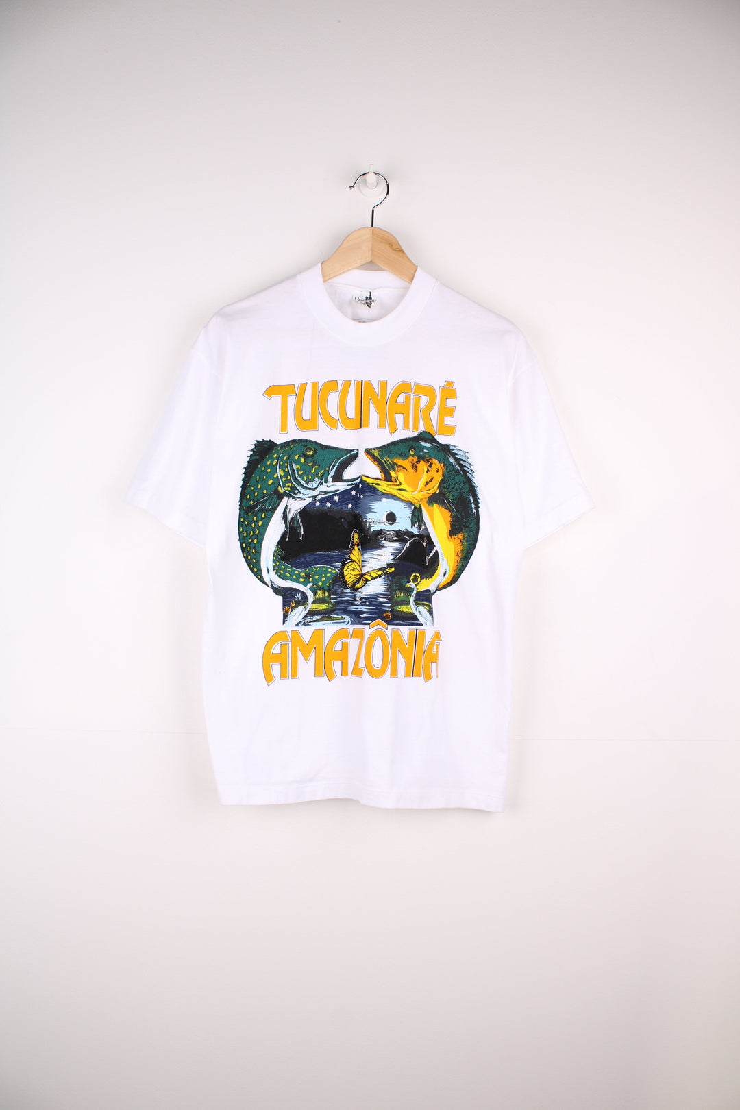 Vintage Tucunaire Amazonia Wildlife T-Shirt in a white colourway with big wildlife fish graphic printed on the front.