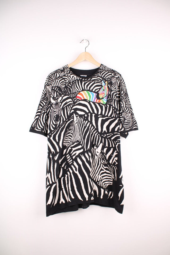 Vintage 1993 Greg Genrich Rainbow Zebra T-Shirt in a white and black colourway with zebra print all over, liquid blue single stitch t-shirt.