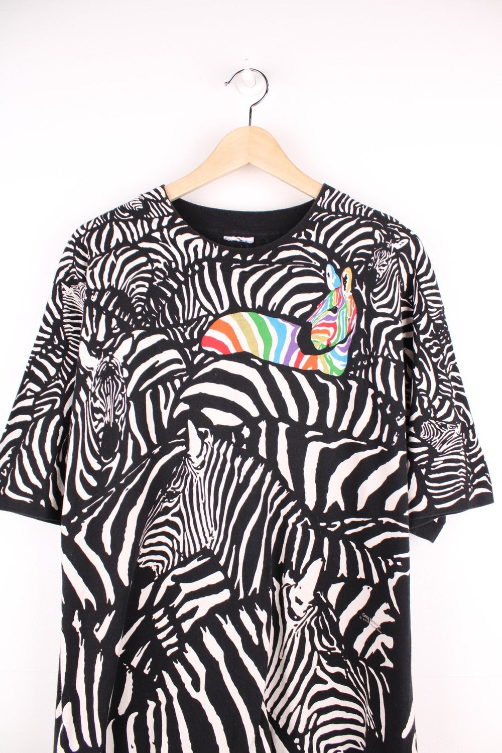 Vintage 1993 Greg Genrich Rainbow Zebra T-Shirt in a white and black colourway with zebra print all over, liquid blue single stitch t-shirt.