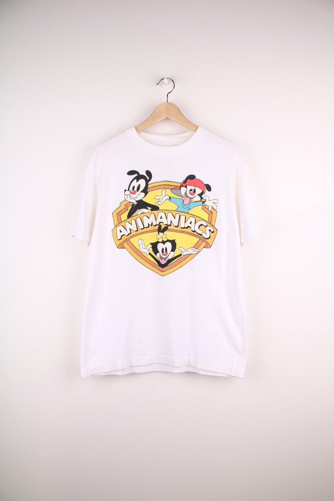 Vintage 90's Animaniacs T-Shirt in a white colourway with the shield spell out logo printed on the front. 