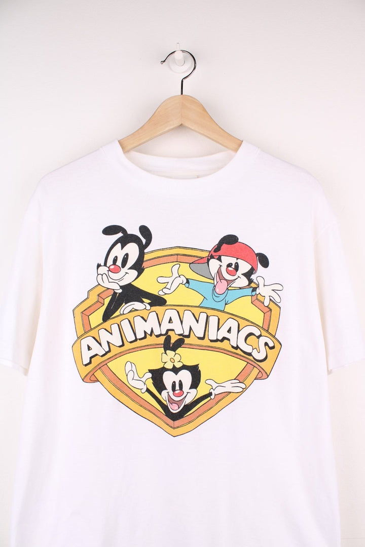 Vintage 90's Animaniacs T-Shirt in a white colourway with the shield spell out logo printed on the front. 