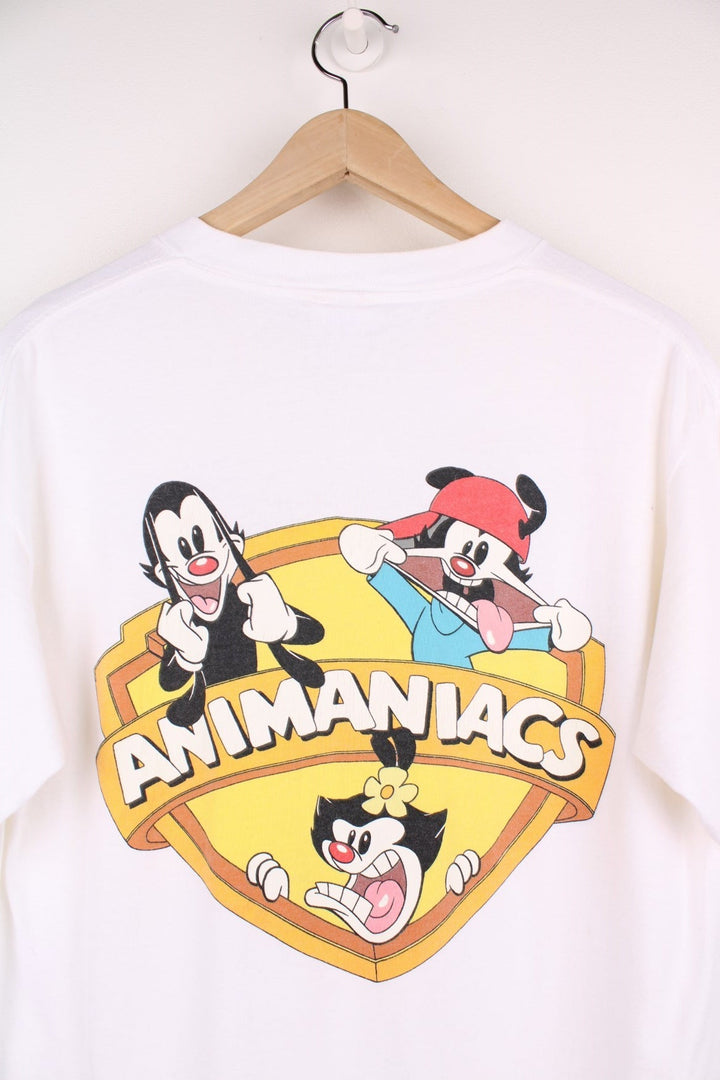 Vintage 90's Animaniacs T-Shirt in a white colourway with the shield spell out logo printed on the front. 