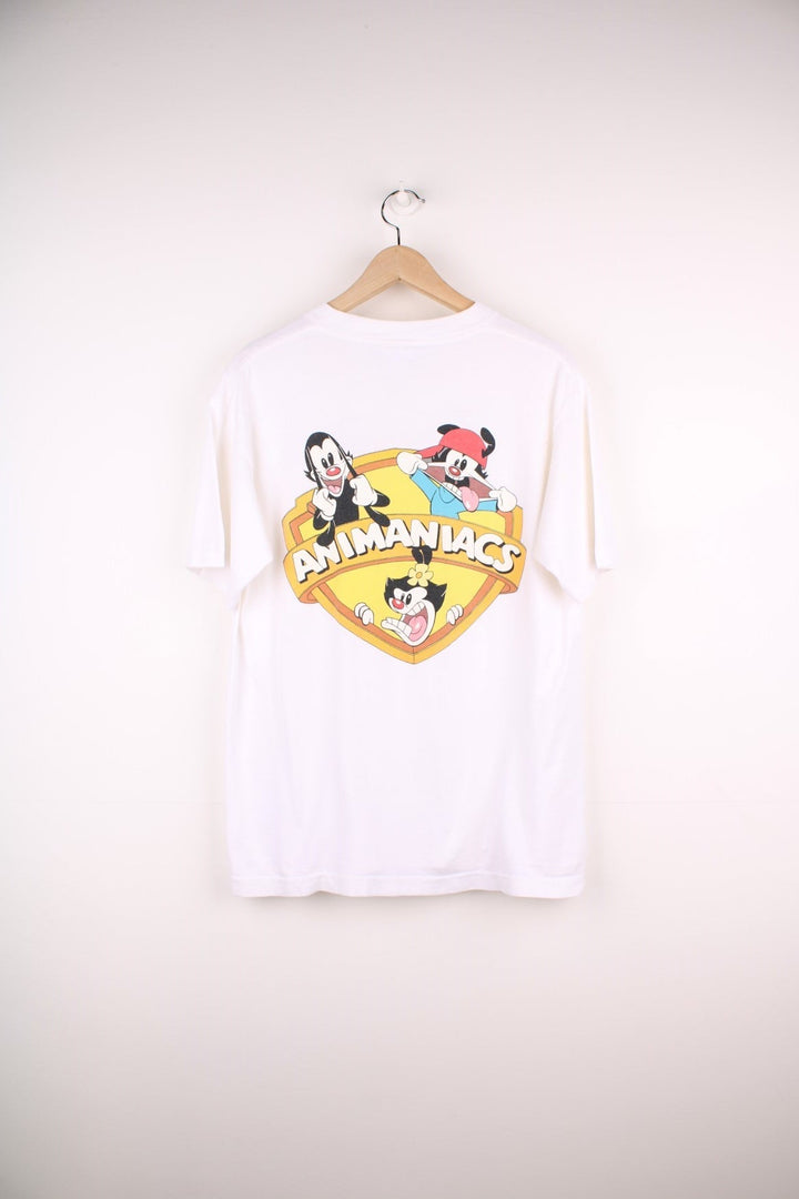 Vintage 90's Animaniacs T-Shirt in a white colourway with the shield spell out logo printed on the front. 