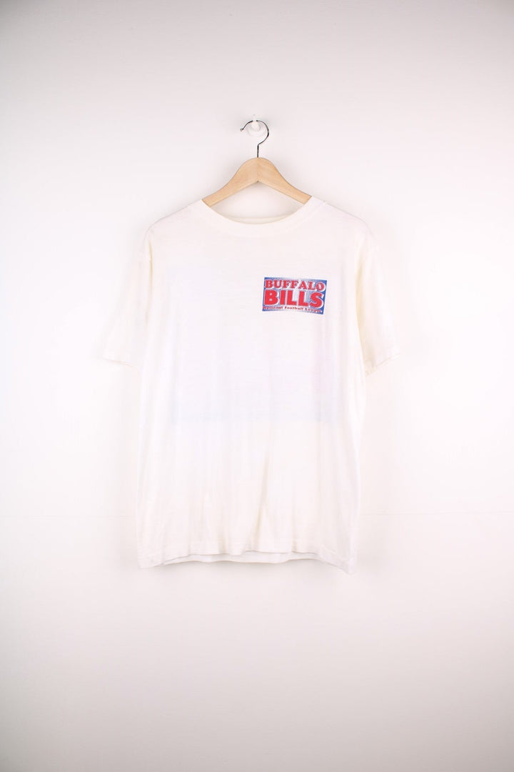 Vintage 1990 Buffalo Bills NFL Starter T-Shirt in a white colourway with the team spell out logo printed on the front and back. 