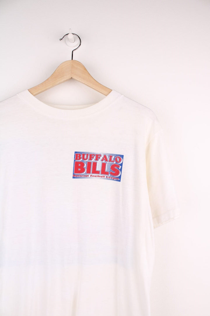 Vintage 1990 Buffalo Bills NFL Starter T-Shirt in a white colourway with the team spell out logo printed on the front and back. 