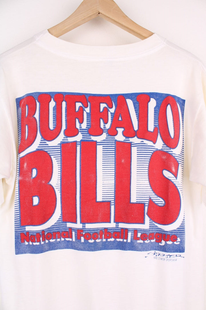 Vintage 1990 Buffalo Bills NFL Starter T-Shirt in a white colourway with the team spell out logo printed on the front and back. 