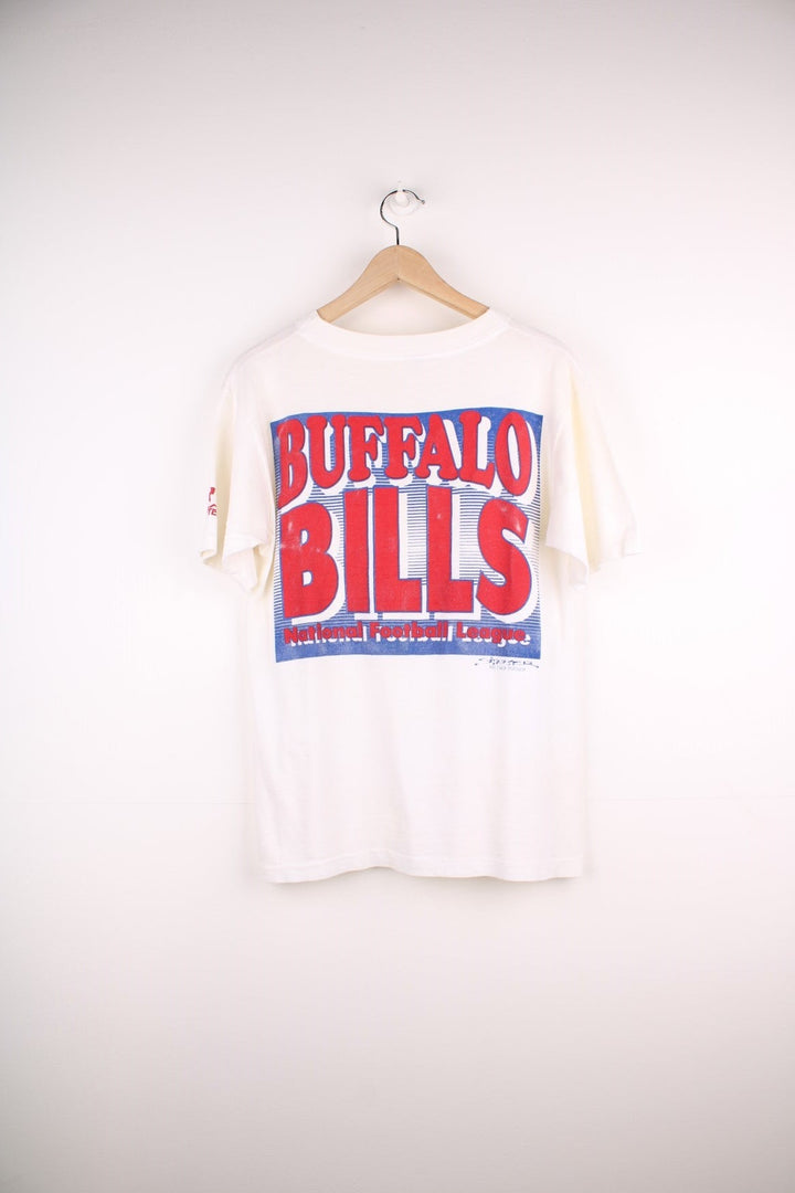 Vintage 1990 Buffalo Bills NFL Starter T-Shirt in a white colourway with the team spell out logo printed on the front and back. 