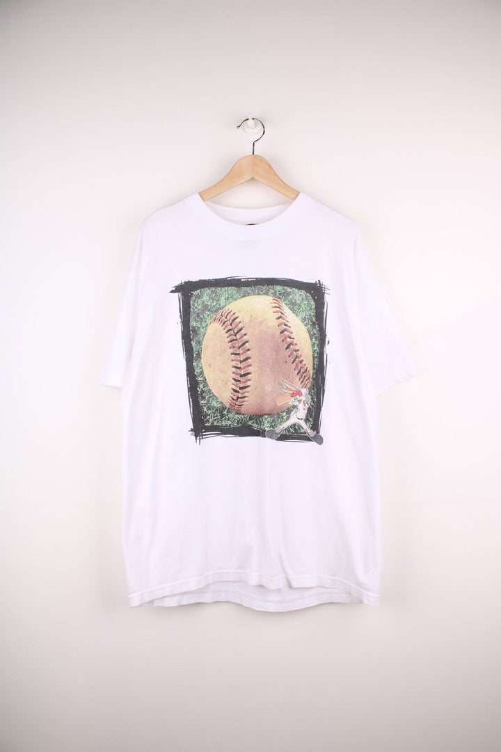 Vintage Warner Bros Bugs Bunny Baseball T-Shirt in a white colourway with Bugs Bunny hitting a big baseball printed on the front. 