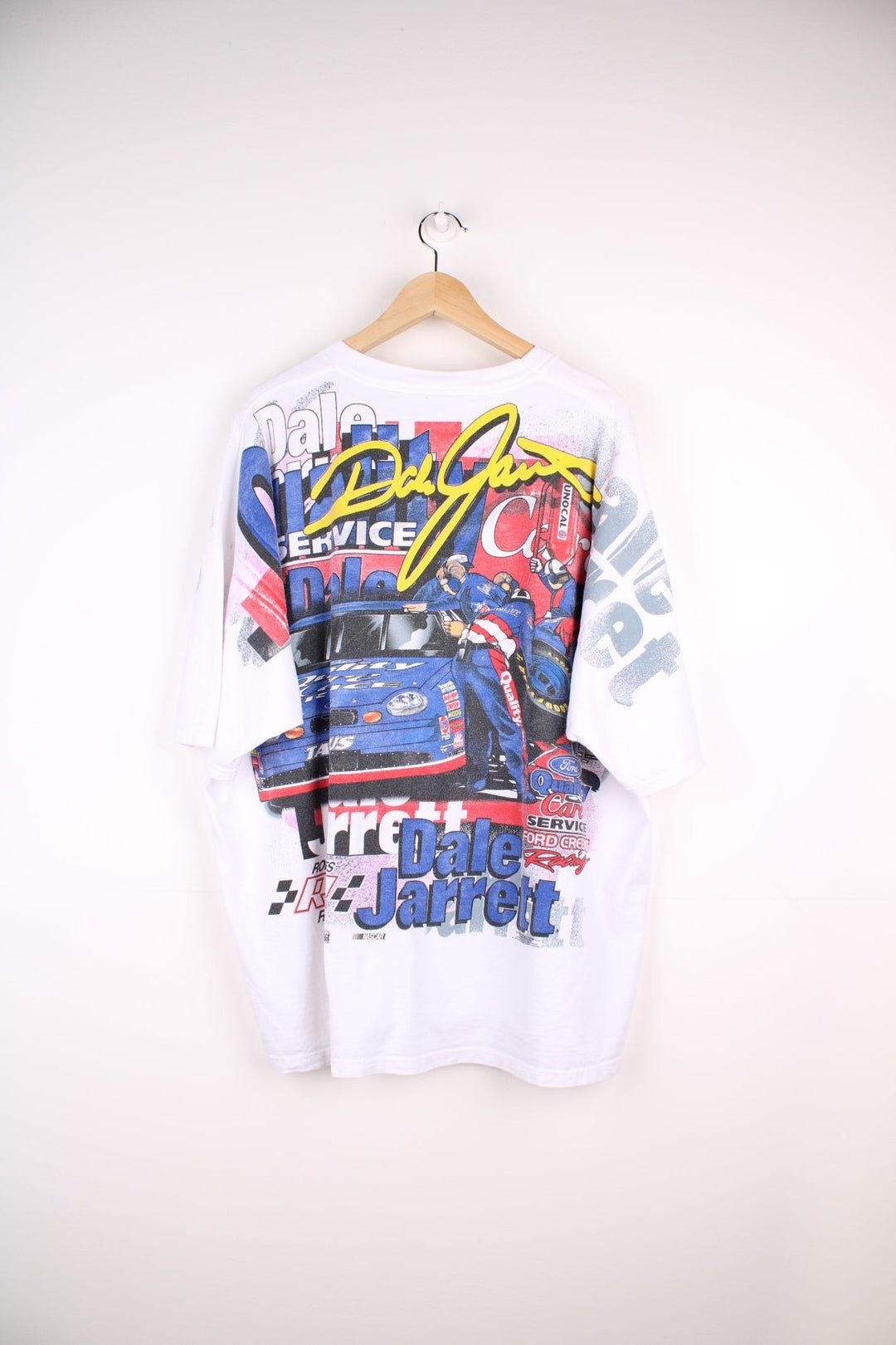 1998 Dale Jarrett  Graphic T-Shirt in a  colourway with all over nascar graphic print.