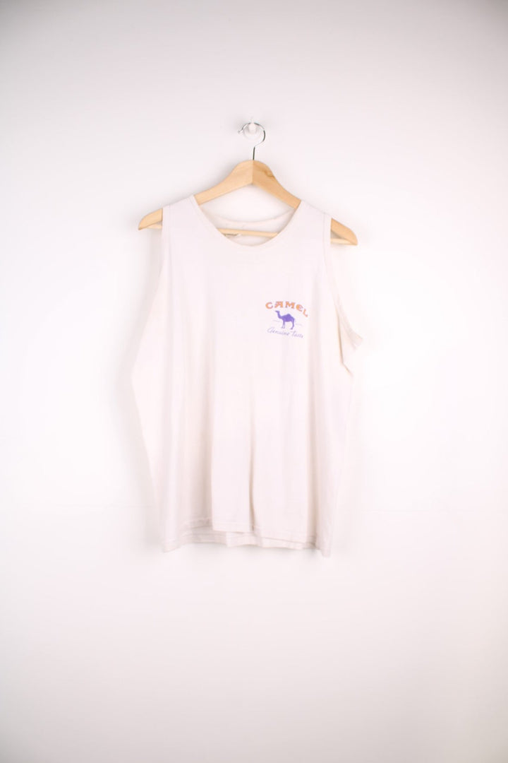 Vintage 1995 Camel Vest in a white colourway with the logo printed on the front and the back.