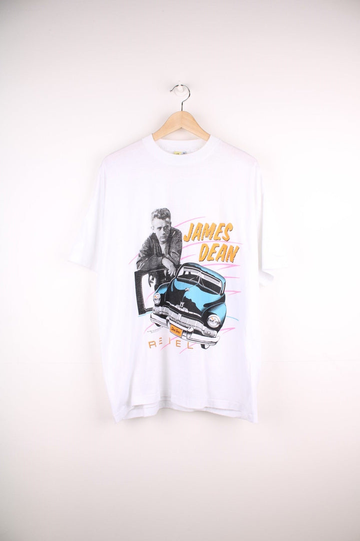 Vintage 1988 James Deen Rebel T-Shirt in a white colourway with the artist printed on the front with a car in a 80's pop art style, single stitch t-shirt.