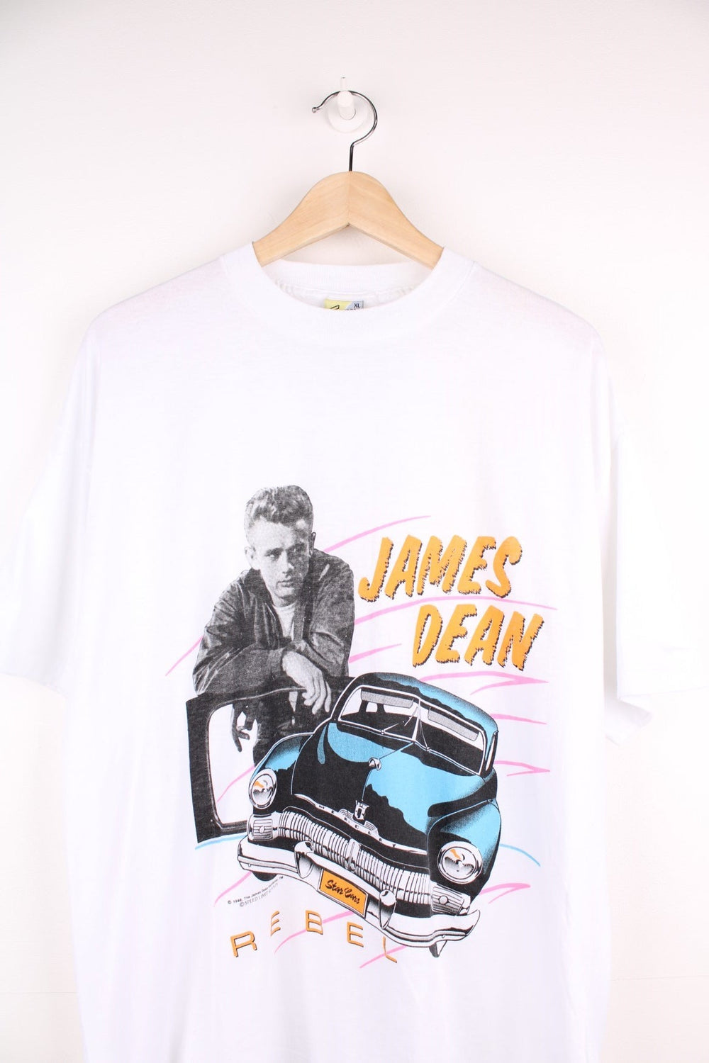 Vintage 1988 James Deen Rebel T-Shirt in a white colourway with the artist printed on the front with a car in a 80's pop art style, single stitch t-shirt.