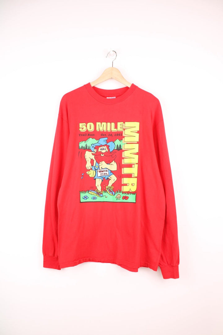 Vintage 1991, Ink Runs, Mountain Masochist, 50 Miles Trail Run long sleeved T-Shirt. Features graphic print on the front and logo on the back.