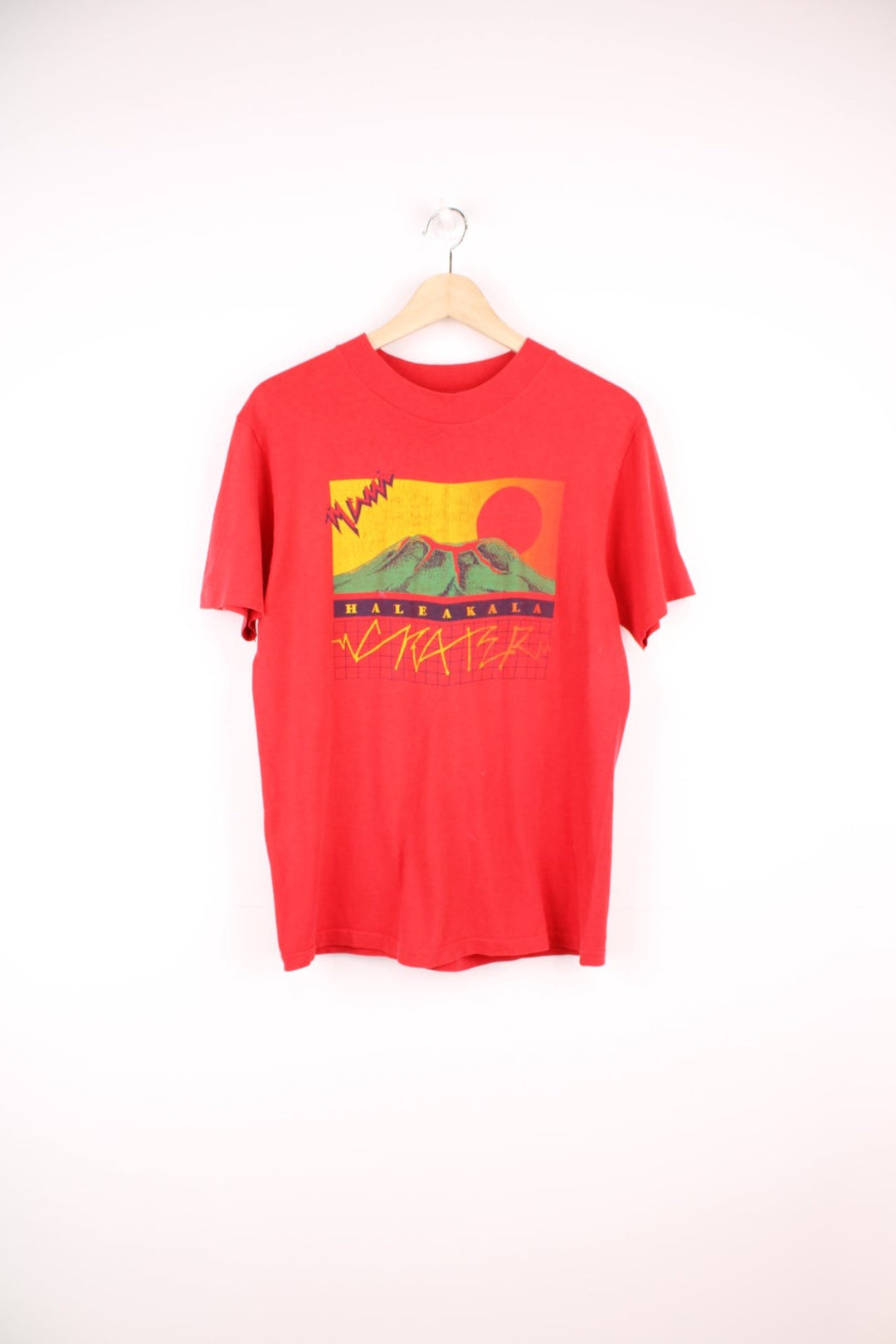 Vintage 80s Haleakala Crater T-Shirt in red with graphic print on the front. 