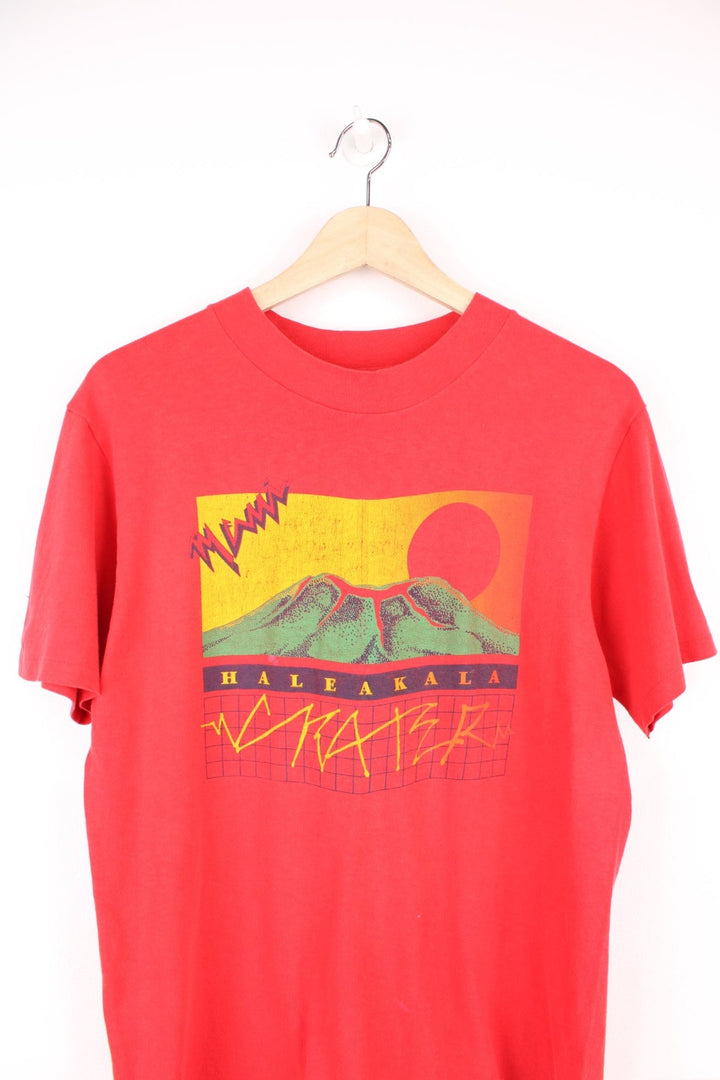 Vintage 80s Haleakala Crater T-Shirt in red with graphic print on the front. 