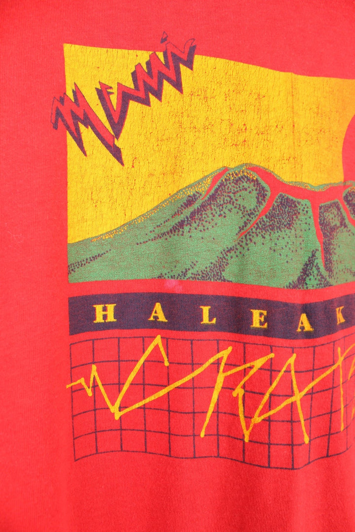 Vintage 80s Haleakala Crater T-Shirt in red with graphic print on the front. 