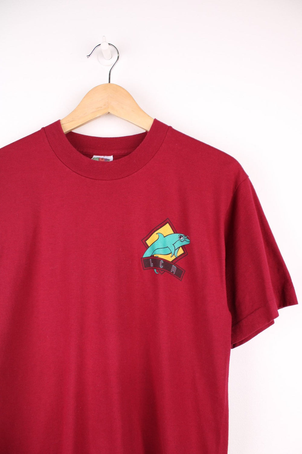 Vintage 90s LCM Dolphins single stitch T-Shirt in burgundy red with print on the chest and back.