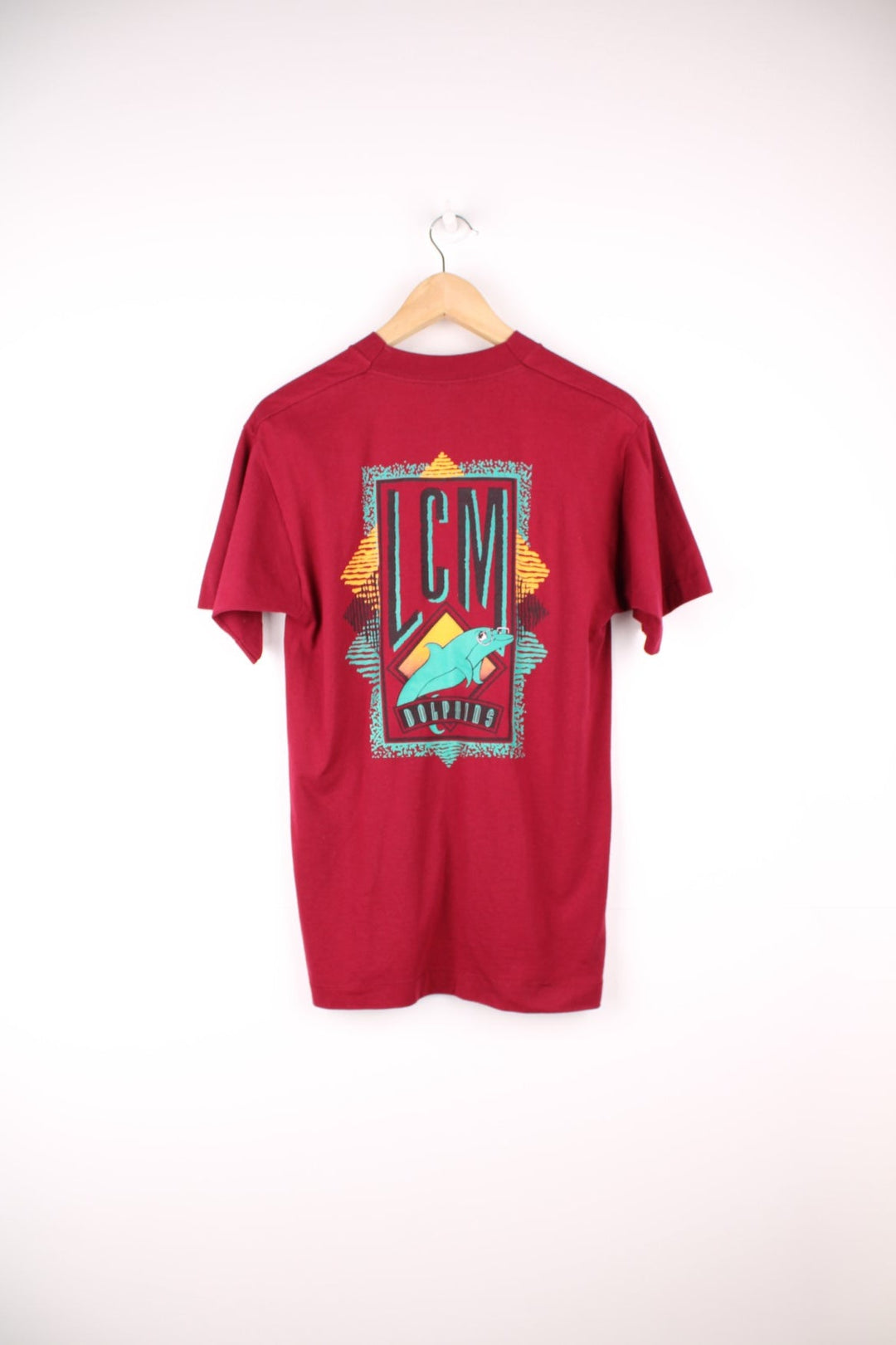 Vintage 90s LCM Dolphins single stitch T-Shirt in burgundy red with print on the chest and back.