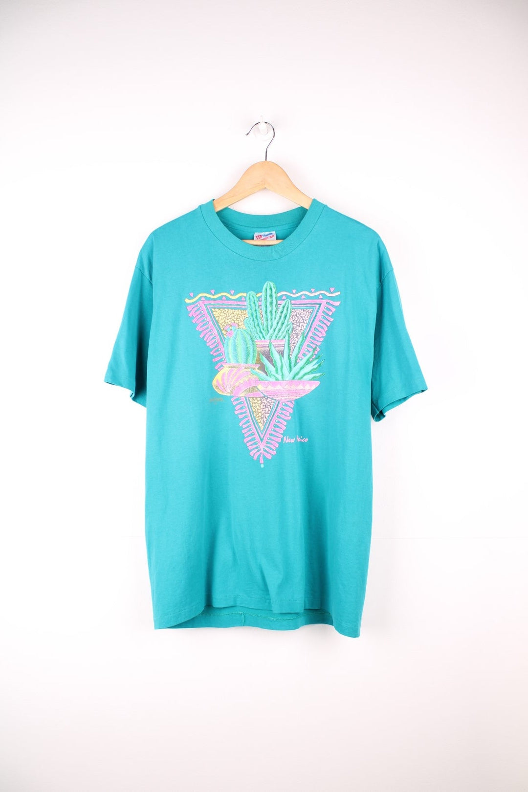 1992 Nathan Richards Collection New Mexico graphic tee in turquoise with cactus design.  