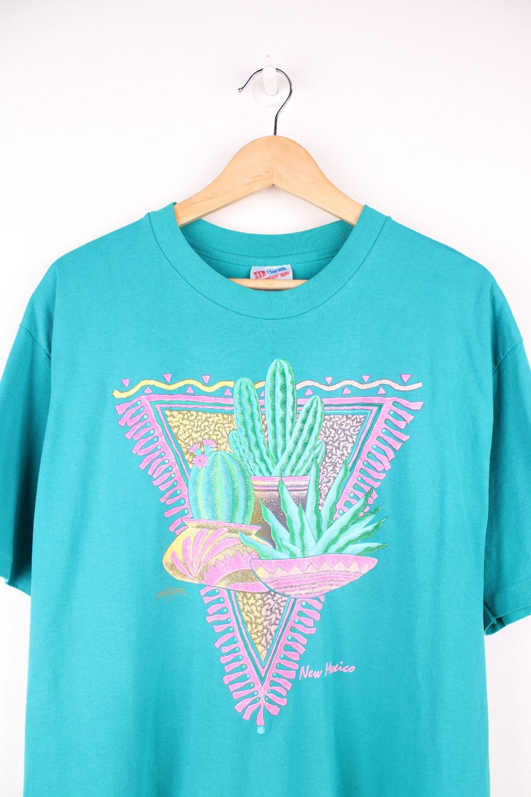 1992 Nathan Richards Collection New Mexico graphic tee in turquoise with cactus design.  