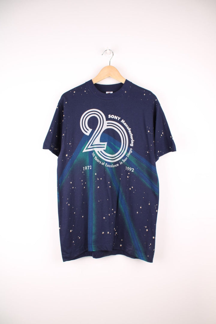 Sony Manufacturing '20 Years of Excellence in San Diego' spellout tee with scattered star pattern.