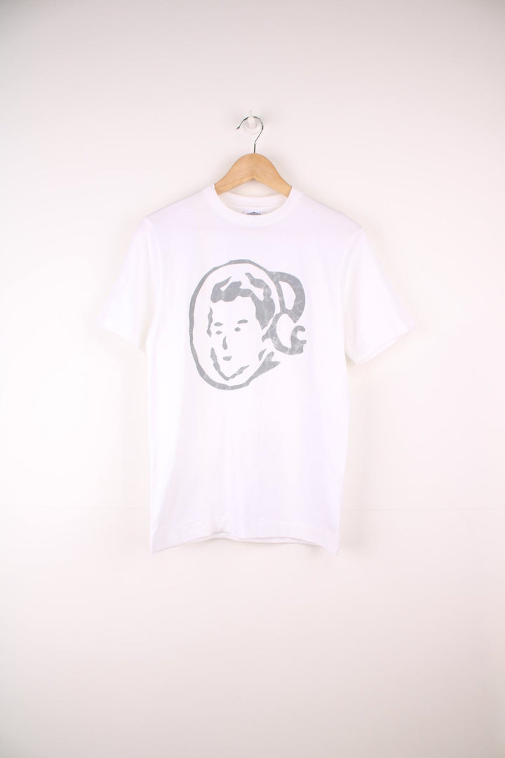 White Billionaire Boy's Club tee with face design in grey and logo on the back. 